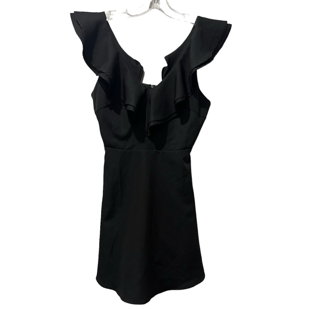 Lulus Dress Womens Small Black Ruffled Sleeves Mini Length Fit & Flare Zip LBD